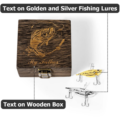 Personalized 2 Pcs Metal Bionic Fishing Lures Wooden Box Set with Engraved Text Birthday Fisherman Gift for Dad Husband