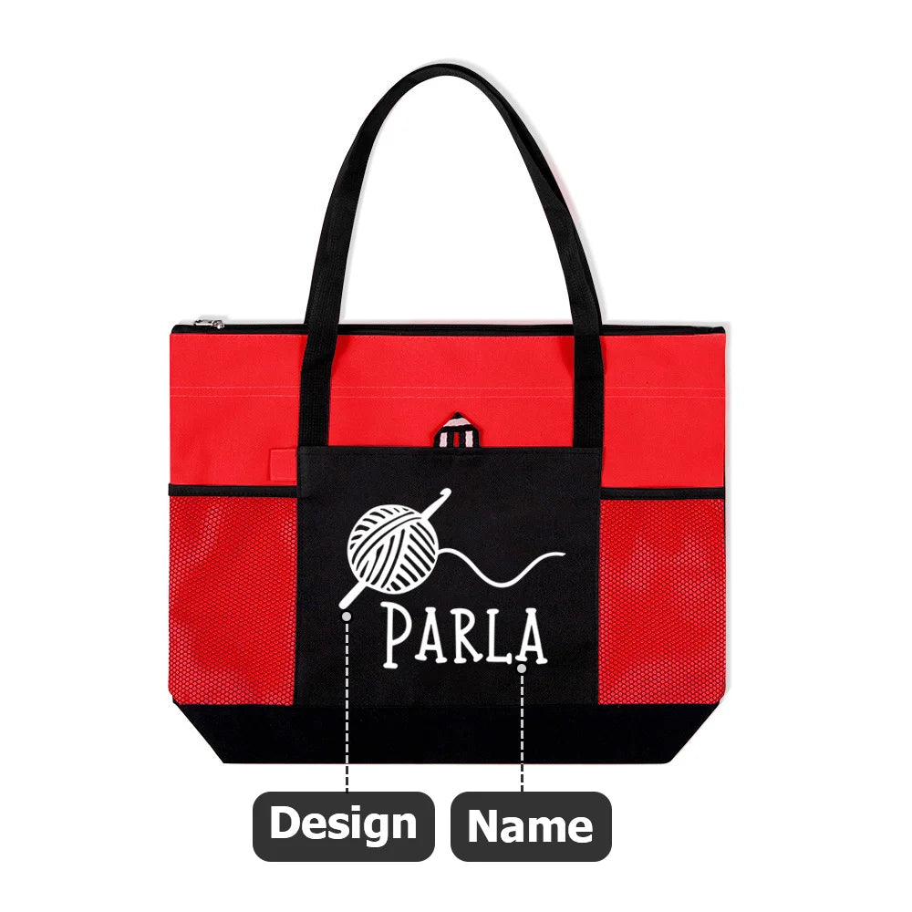 Personalised Knitted Design Large Mesh Tote Bag with Name Birthday Gift for Sewing Crocheting Lovers