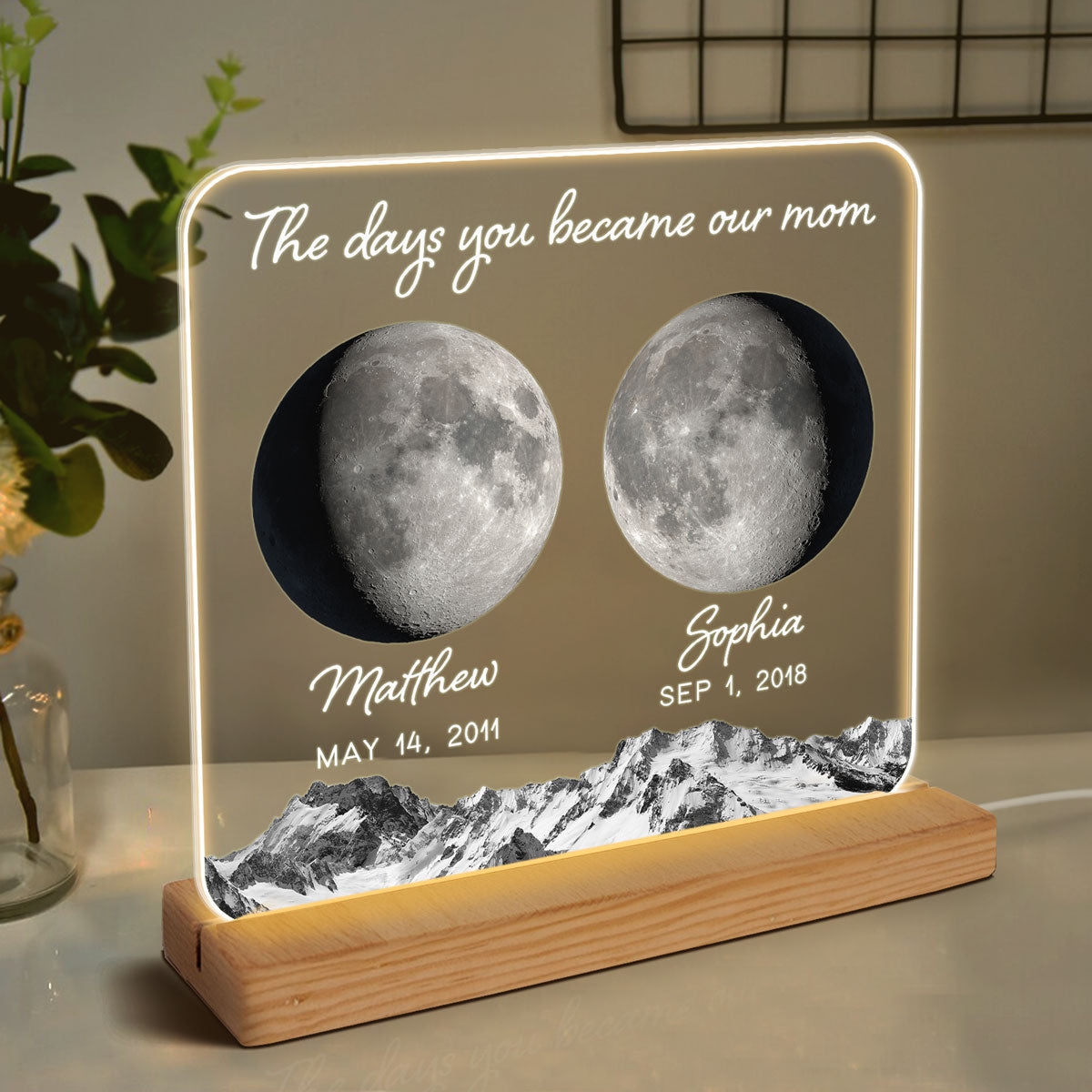 The Day You Became Mom Grandma Custom Birth Moon Phase Personalized Acrylic Warm LED Night Light, Mother's Day Gift