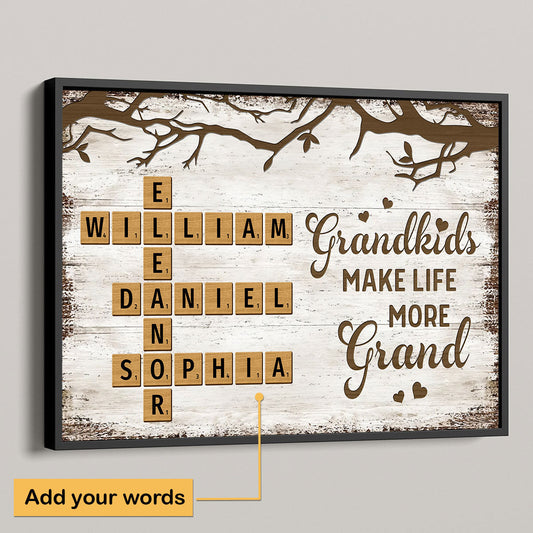 Grandkids Make Life More Grand Crossword Puzzle Art Personalized Poster, Gift for Grandma