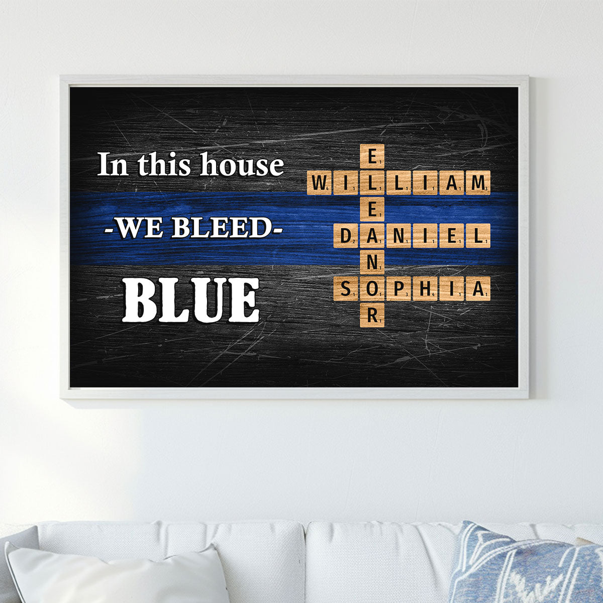In This House We Bleed Blue Family Crossword Art Puzzle, Personalized Thin Blue Line Poster Office Decor, Appreciation Gift For Police Officers, Sheriff, Deputy Sheriff