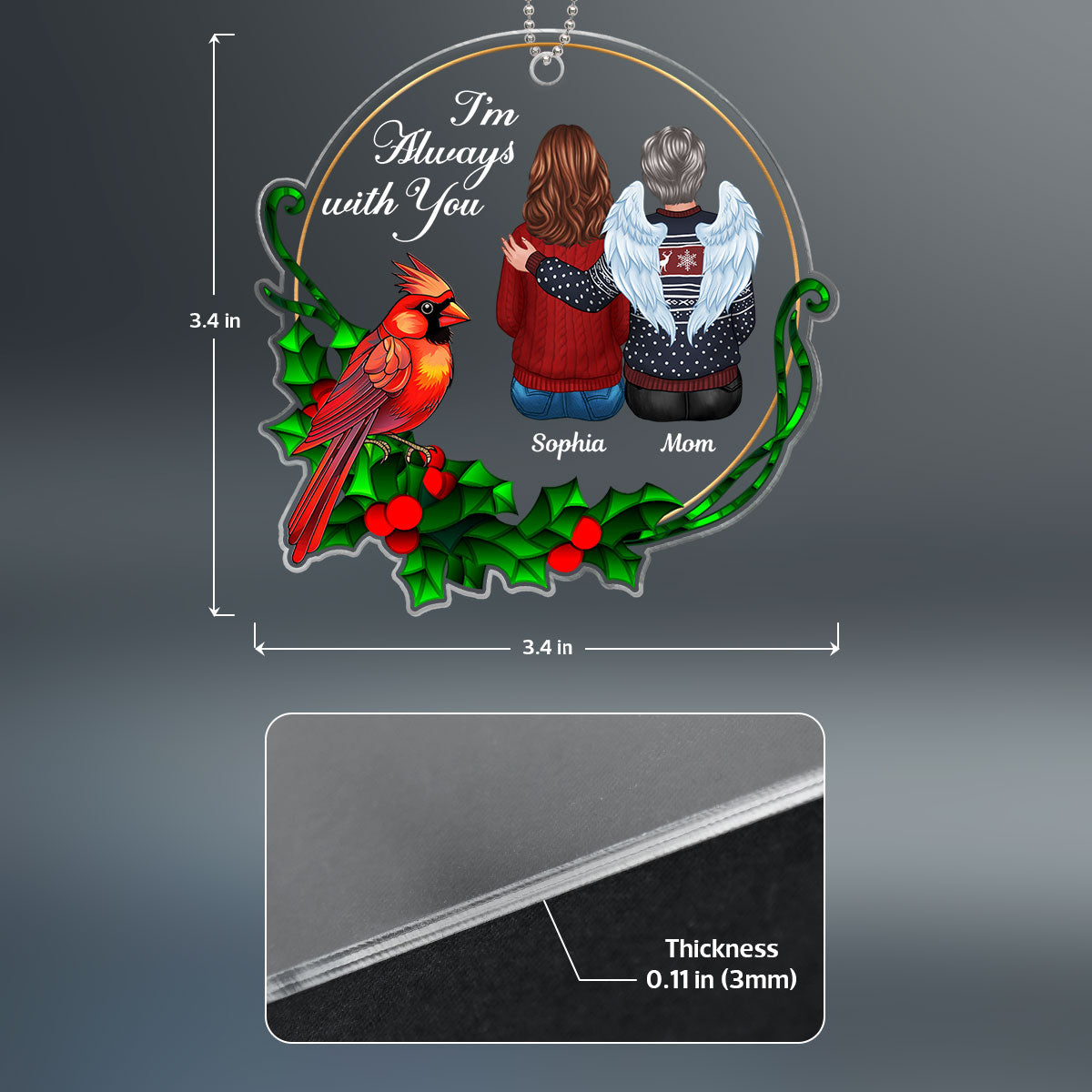 Always With You Stained Glass Wreath Cardinal Memorial Keepsake Personalized Acrylic Ornament