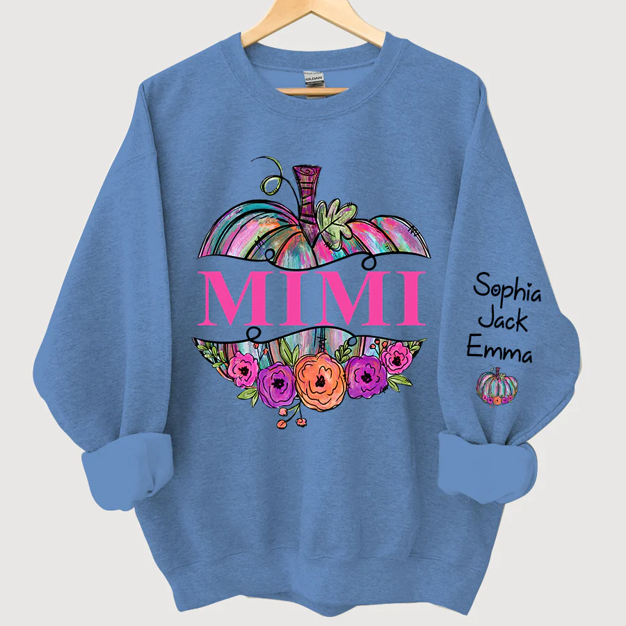 Personalized Mimi Painted Pumpkin And Grandkids Autumn Sweatshirt