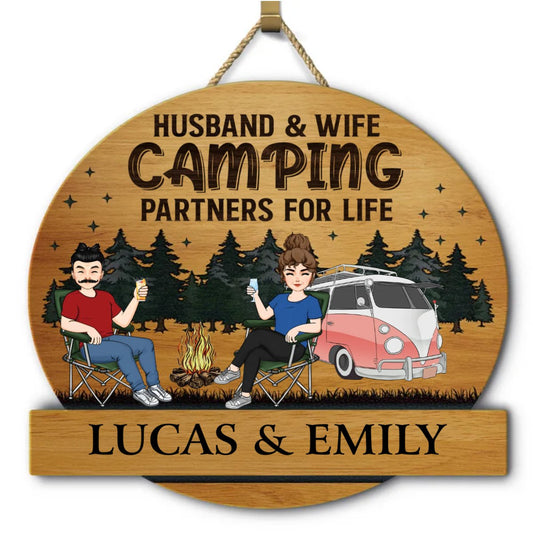 Camping Lover - Couple Husband & Wife Camping Partners For Life - Personalized Custom Shaped Wood Sign - The Next Custom Gift