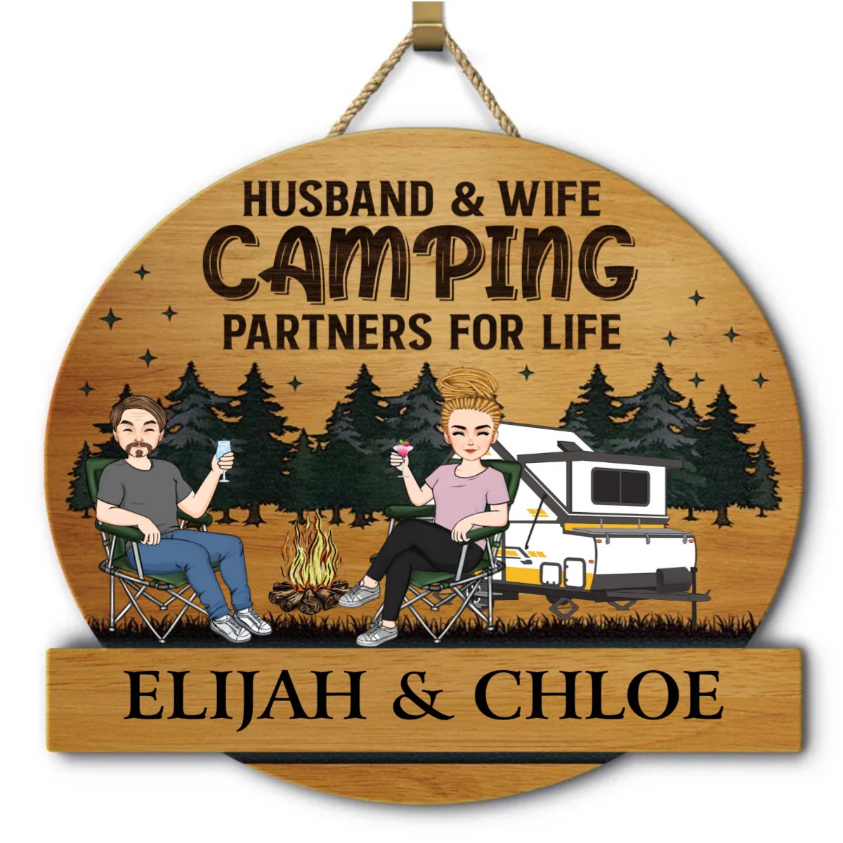 Camping Lover - Couple Husband & Wife Camping Partners For Life - Personalized Custom Shaped Wood Sign - The Next Custom Gift