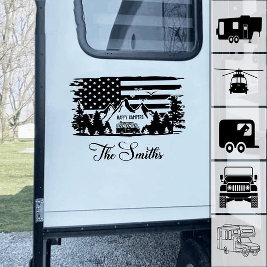 Camping Lovers - Flag Happy Camper - Personalized Decor Decal - The Next Custom Gift