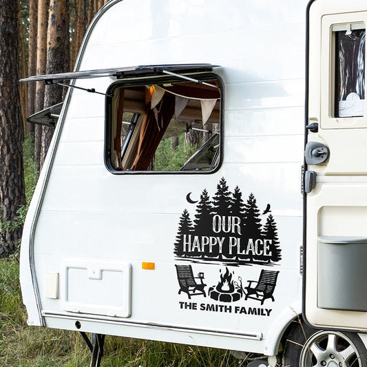 Camping Lovers - Our Happy Place - Camping Personalized Custom RV Decal - The Next Custom Gift