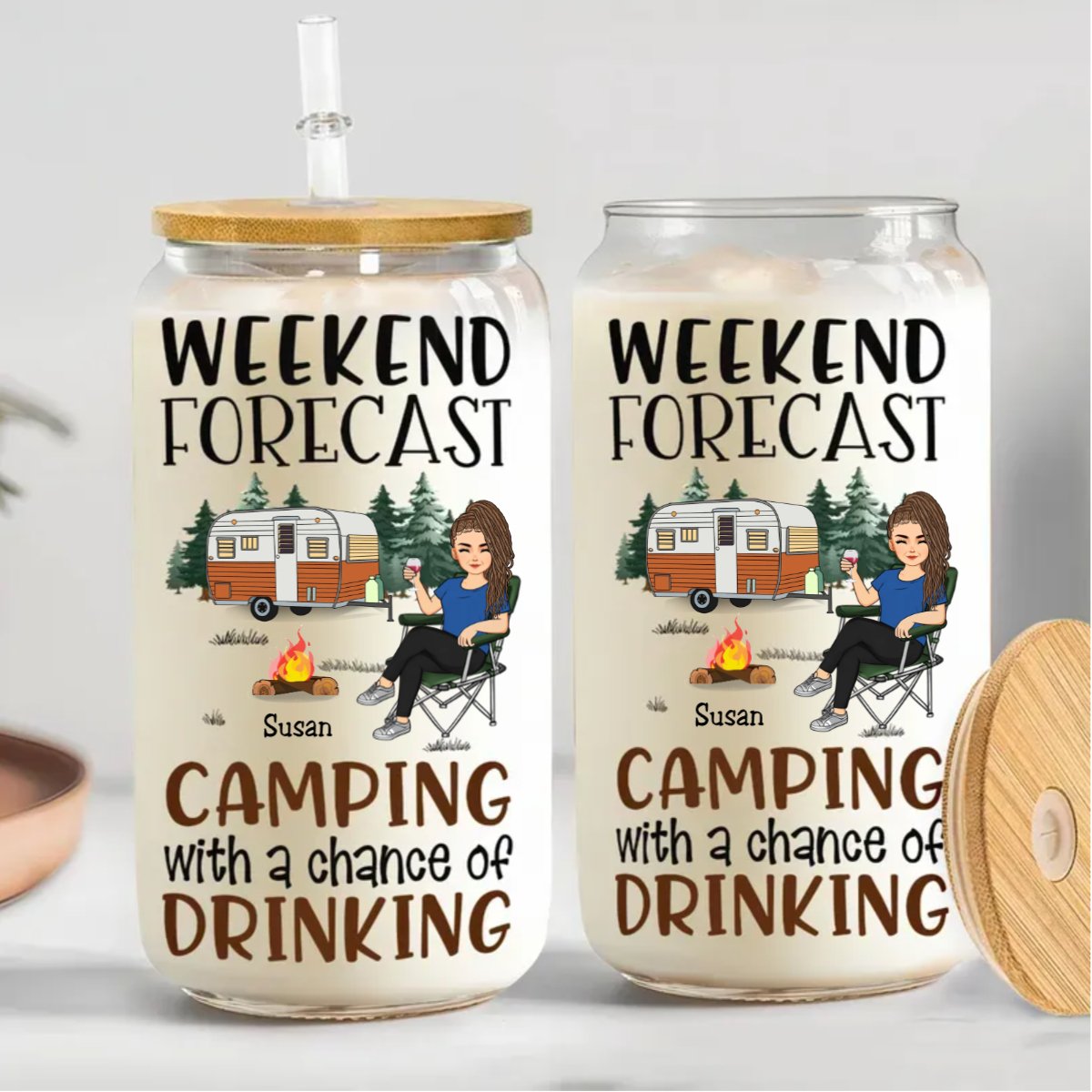 Camping Lovers - Weekend Forecast Camping With A Chance Of Drinking - Personalize Drinking Jar - The Next Custom Gift