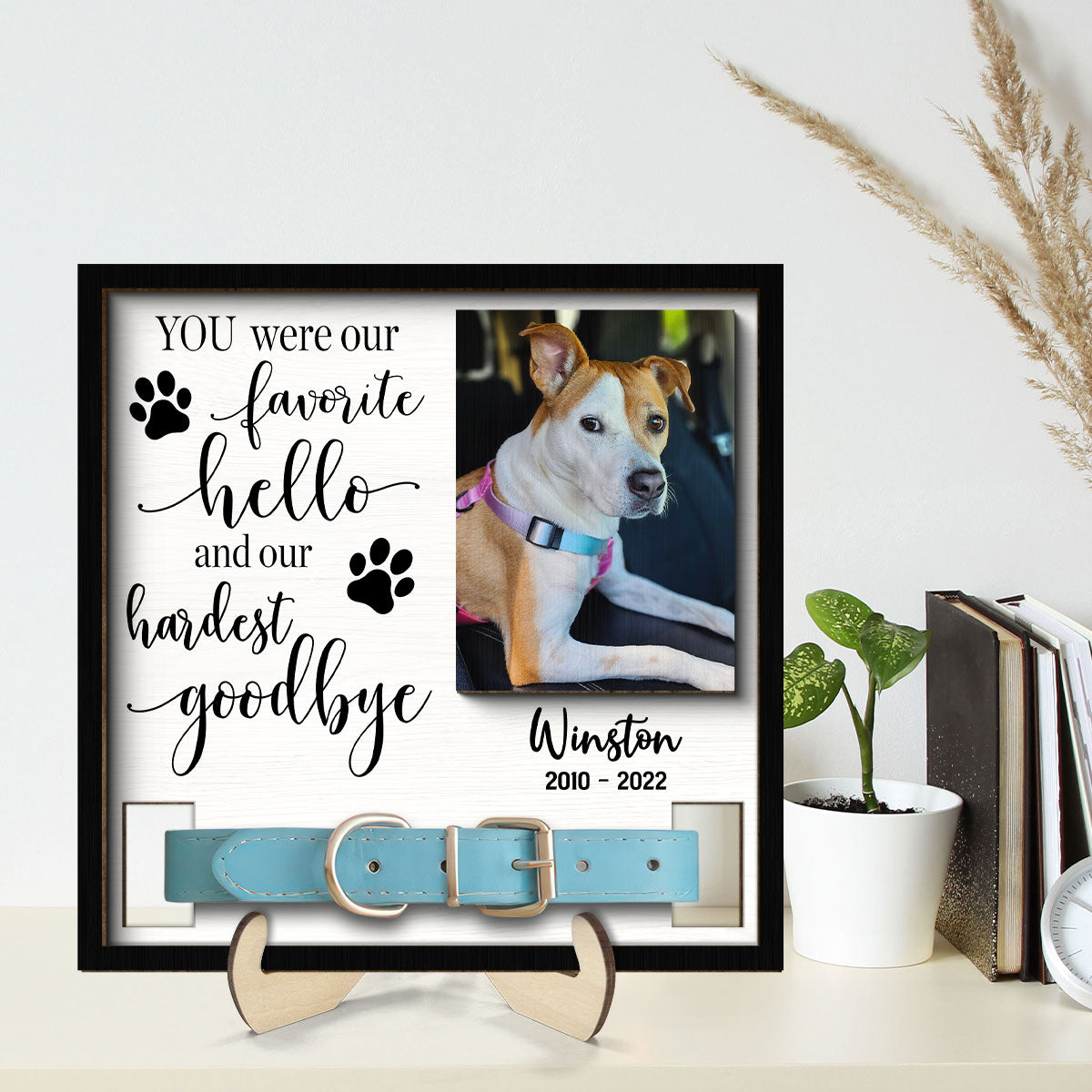 Our Favorite Hello Hardest Goodbye Dog Cat Sympathy Gift Photo Memorial Collar Keepsake Personalized Wooden Pet Collar Holder
