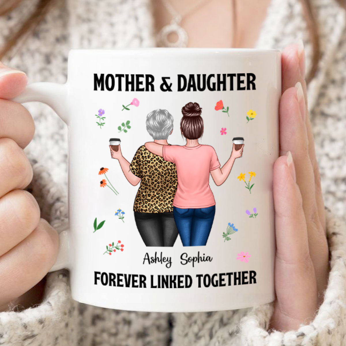 Back View Mom And Daughters Walking Mother & Daughter Forever Linked Together Personalized Mug