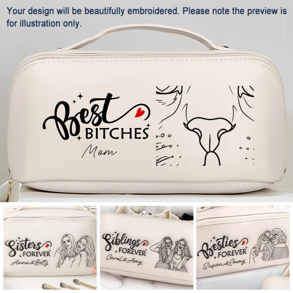 Custom Photo Outline Sketch Besties Sisters Forever - Personalized Embroidered Leather Makeup Bag