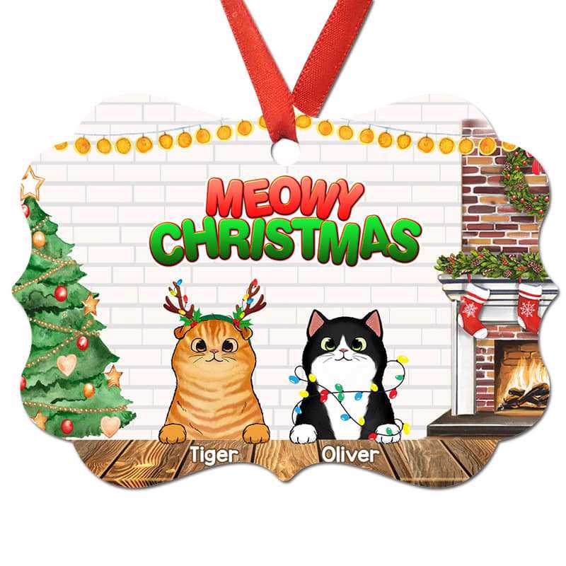 Christmas In House Peeking Fluffy Cats Personalized Christmas Ornament