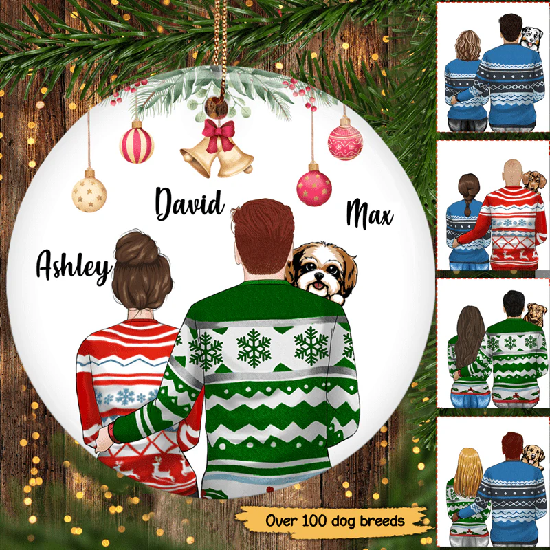 Couple With Peeking Dog Christmas Personalized Circle Ornament