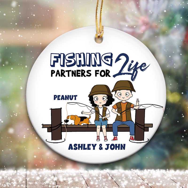 Fishing Partners Chibi Couple and Dog Personalized Circle Ornament