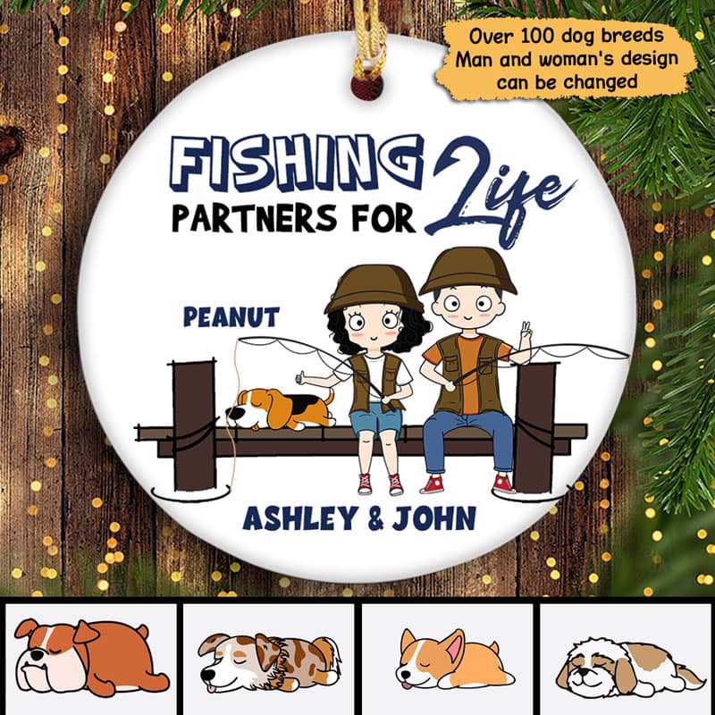 Fishing Partners Chibi Couple and Dog Personalized Circle Ornament