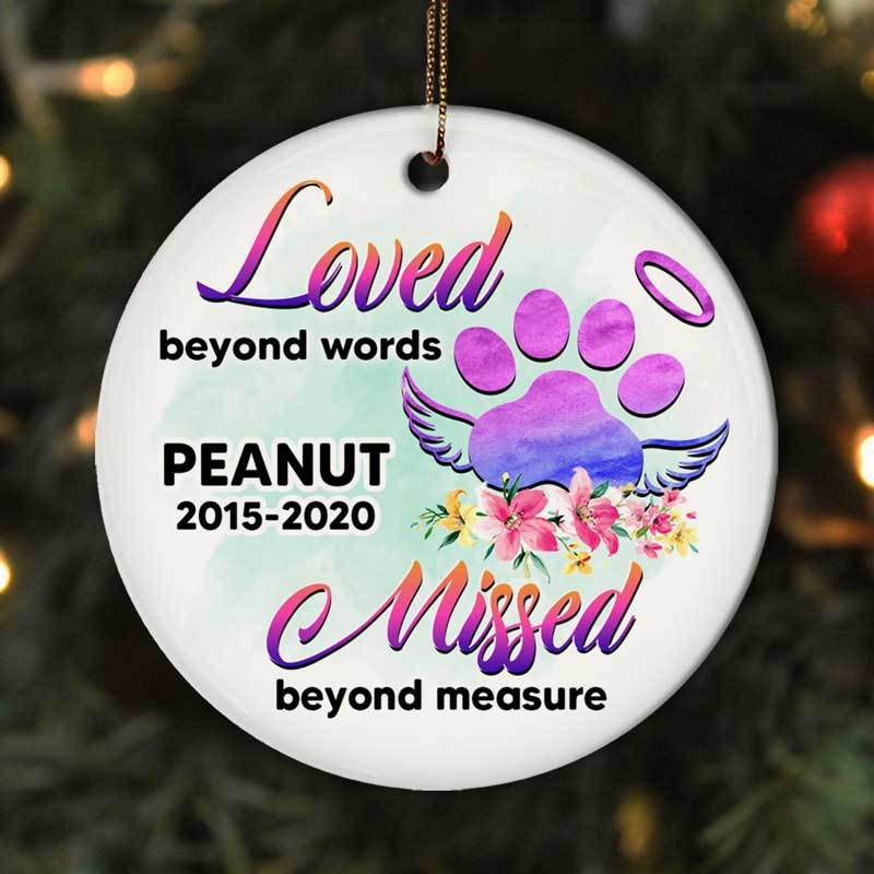 Loved Beyond Words Watercolor Paws Dogs Memorial Personalized Circle Ornament
