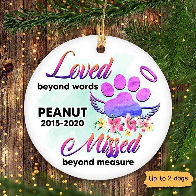 Loved Beyond Words Watercolor Paws Dogs Memorial Personalized Circle Ornament