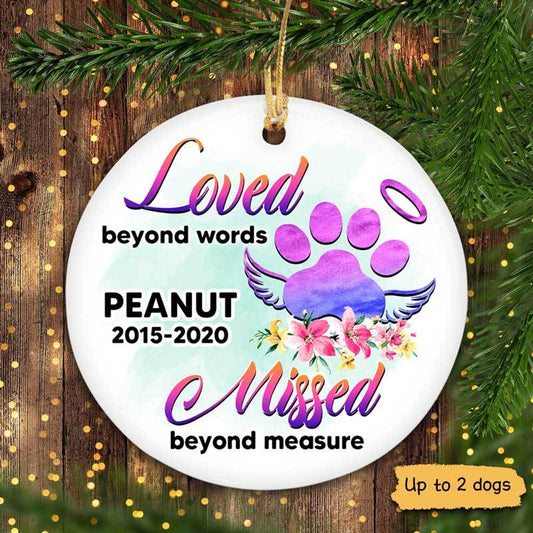 Loved Beyond Words Watercolor Paws Dogs Memorial Personalized Circle Ornament