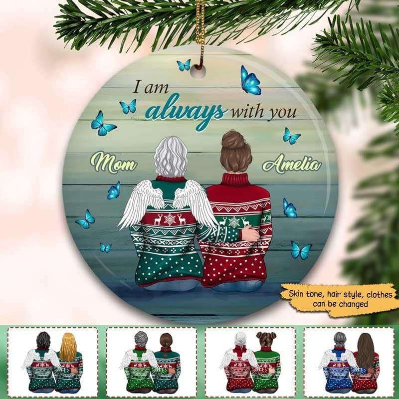 Mother Blue Butterflies Wooden Stripe Memorial Personalized Circle Ornament