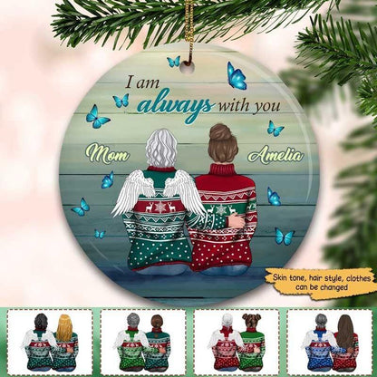 Mother Blue Butterflies Wooden Stripe Memorial Personalized Circle Ornament