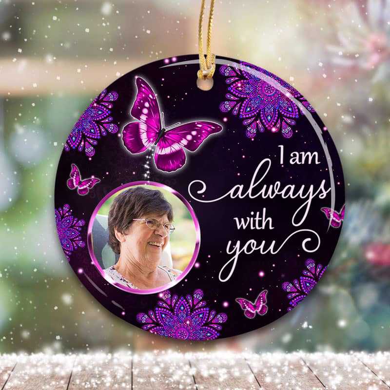 Purple Butterfly Mandala Memorial Photo Personalized Circle Ornament