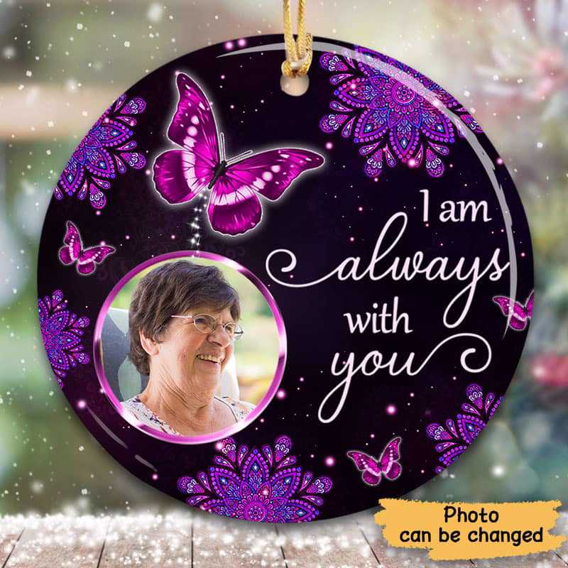 Purple Butterfly Mandala Memorial Photo Personalized Circle Ornament