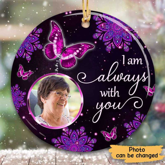 Purple Butterfly Mandala Memorial Photo Personalized Circle Ornament