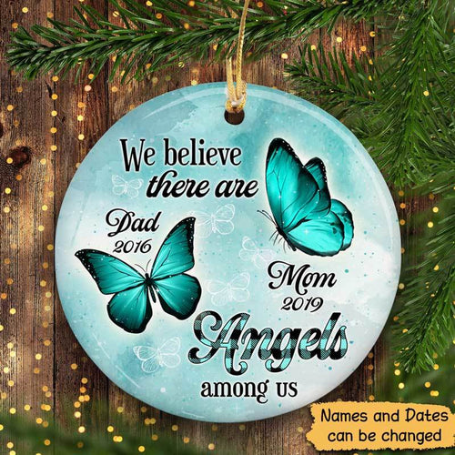 Teal Butterflies Checkered Pattern Memorial Personalized Circle Ornament