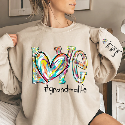 Love Grandma Life Color Clipart Custom Sweatshirt, Custom Grandmalife With Kids Names On Sleeve Sweatshirt