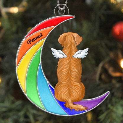Pet Memorial Remembrance Keepsake Dog Cat Sitting On Rainbow Moon Personalized Acrylic Ornament