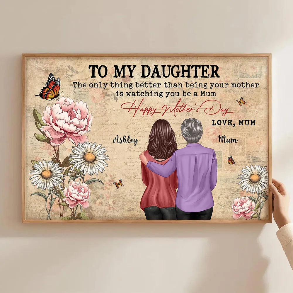 To My Daughter From Mum Vintage Floral Newspaper Birth Month Flower - Personalised Poster - UK Mother's Day