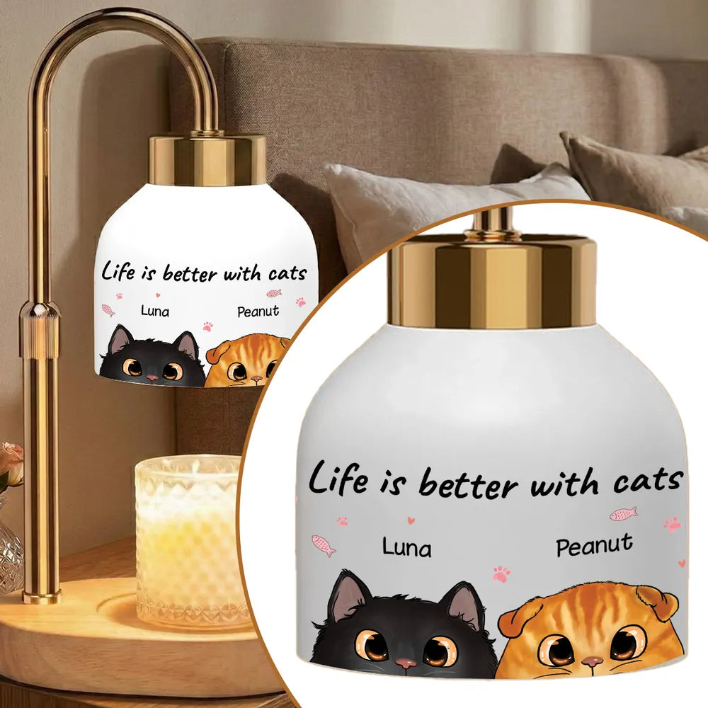 Life Is Better With Cats Peeking Cat Half Face - Personalized Candle Warmer Lamp - Home Decor Gift For Cat Lover