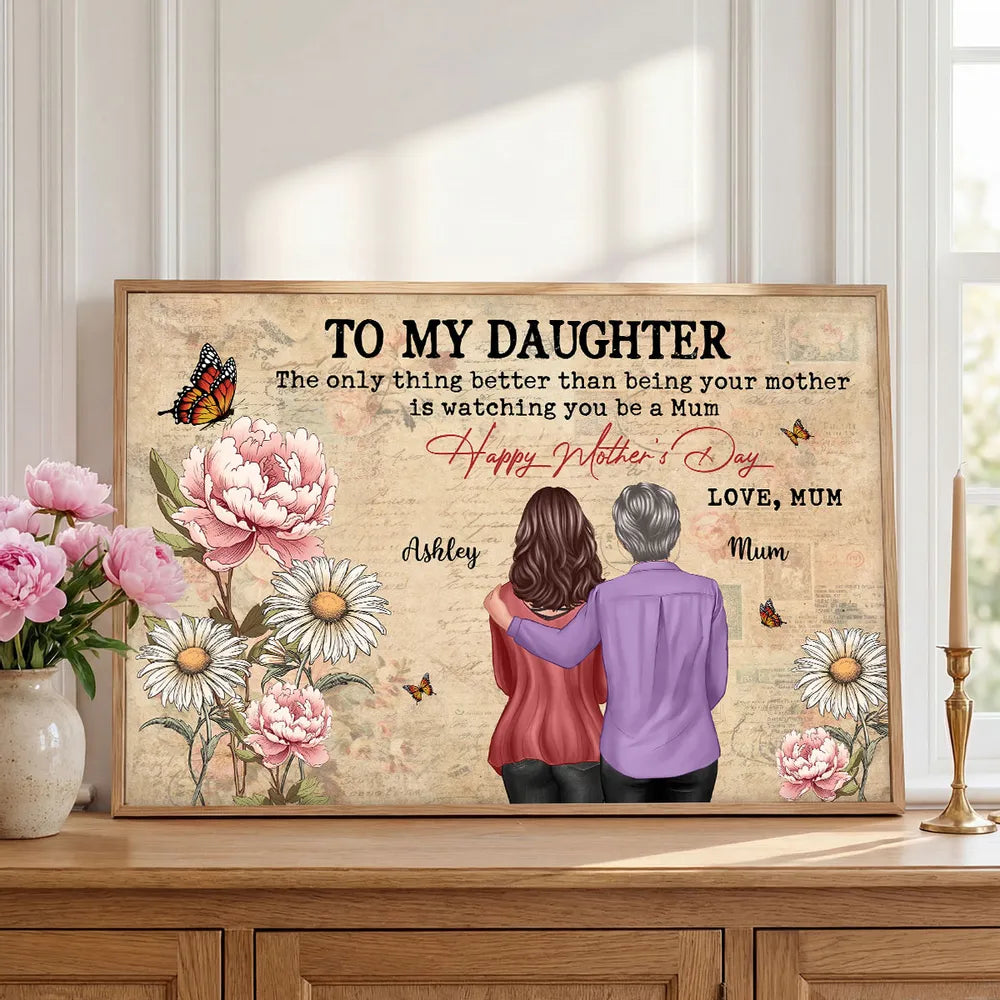 To My Daughter From Mum Vintage Floral Newspaper Birth Month Flower - Personalised Poster - UK Mother's Day