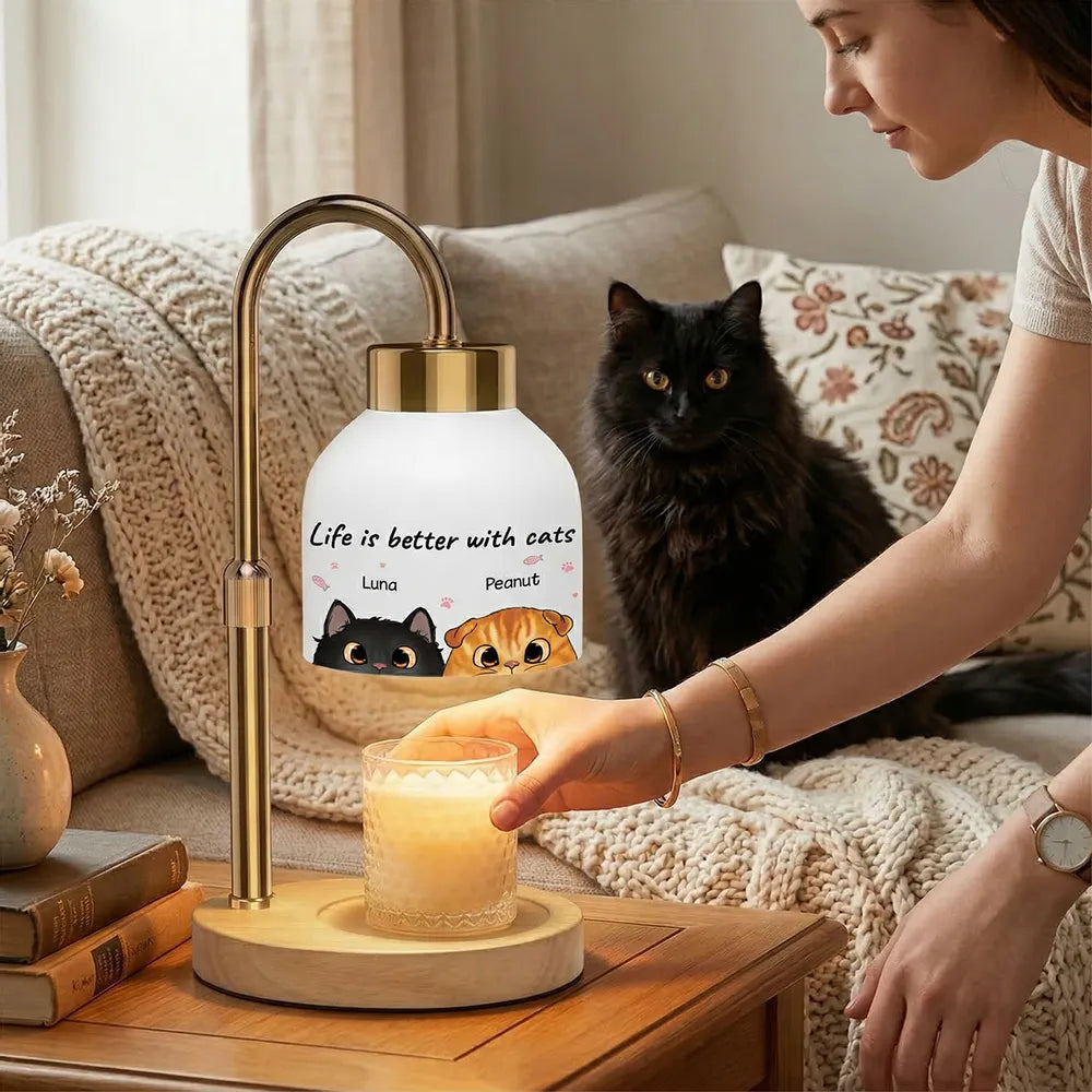 Life Is Better With Cats Peeking Cat Half Face - Personalized Candle Warmer Lamp - Home Decor Gift For Cat Lover