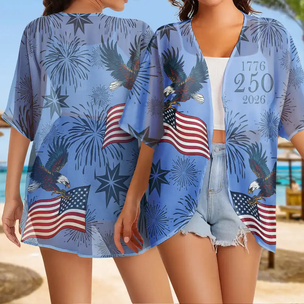 America 250 Anniversary Eagle USA Flag Custom Name - Personalized Women Kimono Cardigan