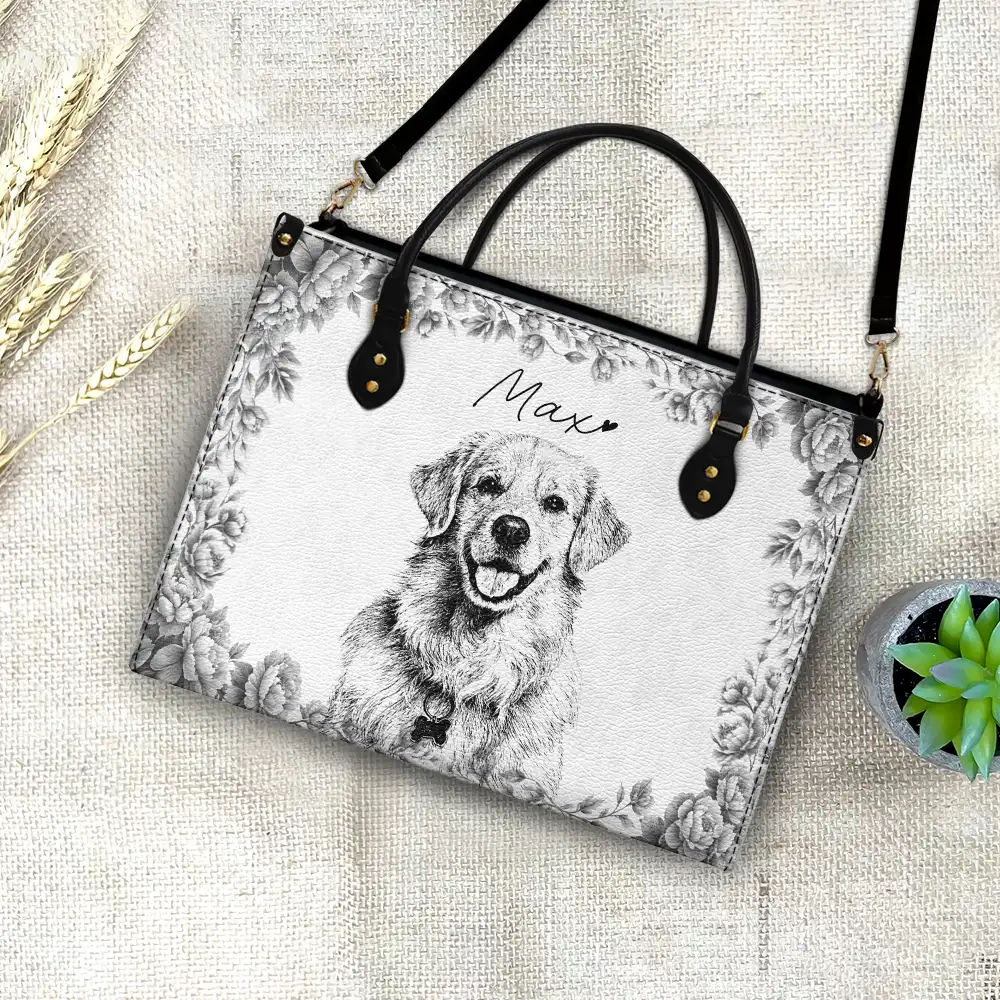 Custom Photo Pencil Sketch Family Dog Cat Portrait - Personalized Leather Bag