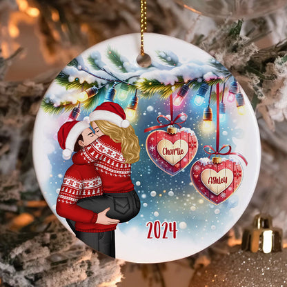 Christmas Hearts Couple Kissing Personalized Circle Ceramic Ornament