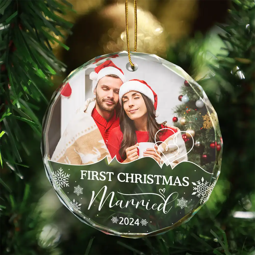 Custom Photo First Christmas As Husband And Wife - Personalized Circle Acrylic Ornament