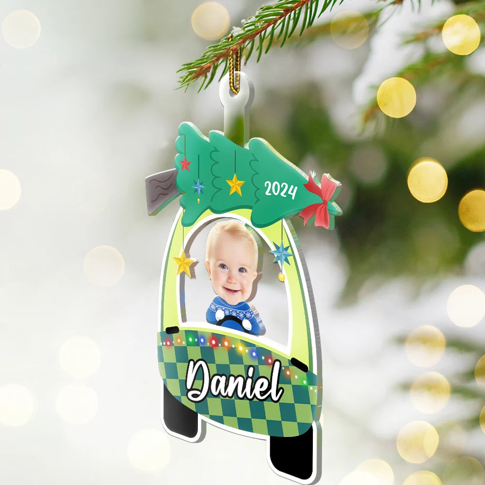 Custom Photo Cute Baby First Christmas Car - Personalized Cutout Acrylic Ornament