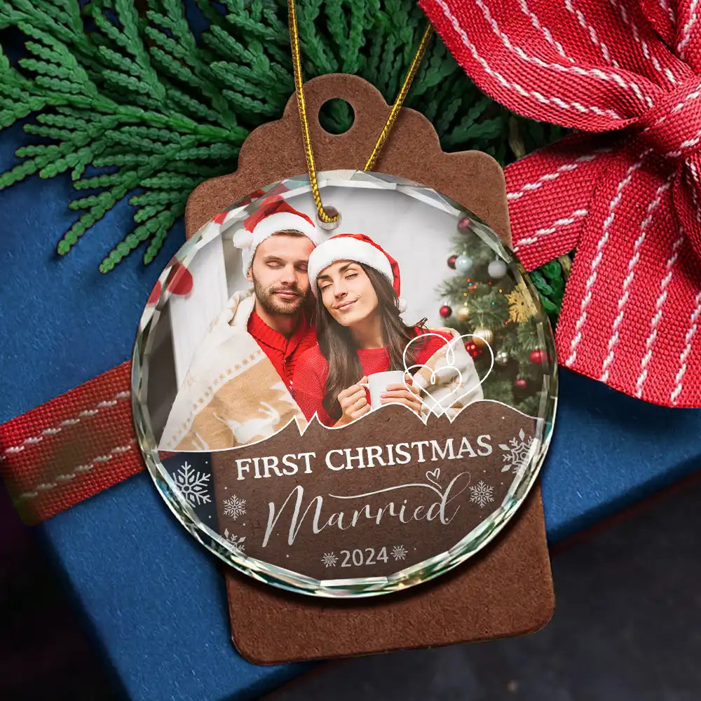 Custom Photo First Christmas As Husband And Wife - Personalized Circle Acrylic Ornament