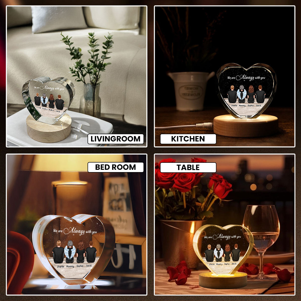 Always With You Sky Family Members, Memorial Personalized Premium Crystal Heart LED, Sympathy Gift, Free Delivery Included