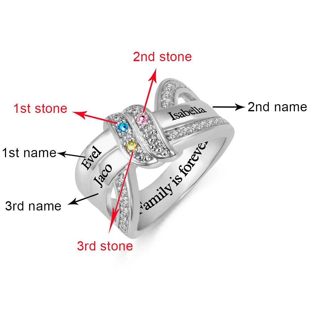 Personalised Ribbon Knot Ring with 1-8 Birthstones and Engraved Names Zircon Family Jewellery Mother's Day Birthday Gift for Mom Grandma