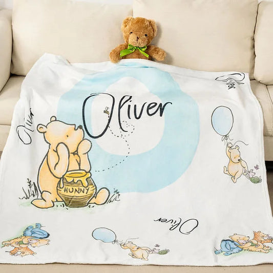 Personalised Soft Classic Winnie the Pooh Throw Blanket with Name and Initial Baby Shower Receiving Gift for Newborns