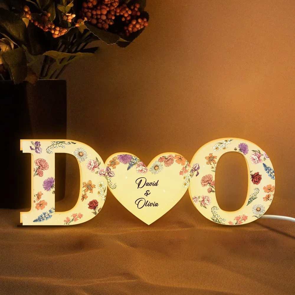 Couple Initials Floral Theme Anniversary Gift Personalized Frame LED Light Box