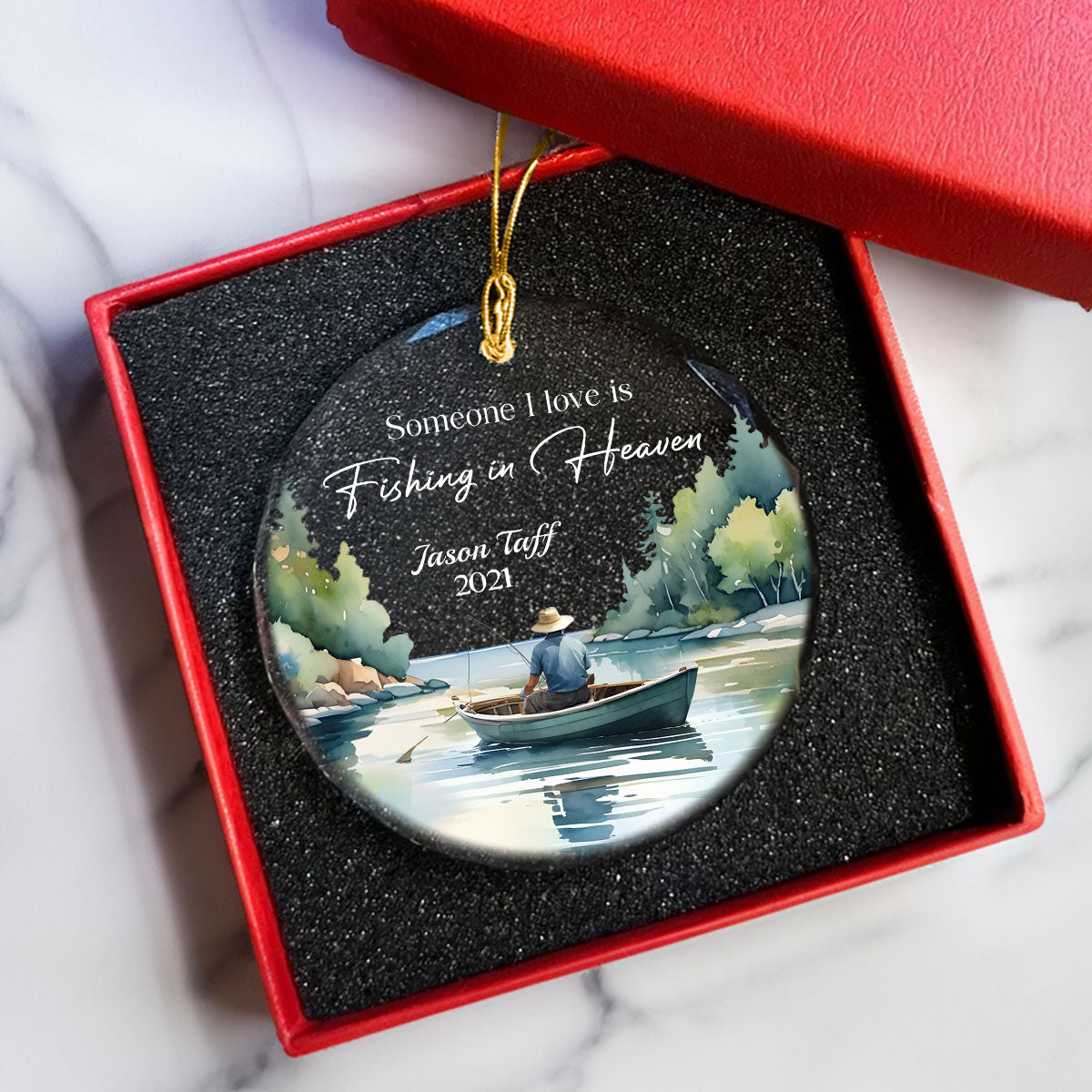 Someone I Love Is Fishing In Heaven Memorial Keepsake Personalized Glass Ornament