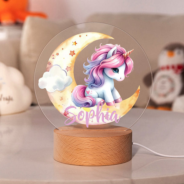 Personalised Fantasy Unicorn Dreamy Moon LED Night Light with Wooden Base and Name Nursery Decor Birthday Baby Shower Gift for Girls