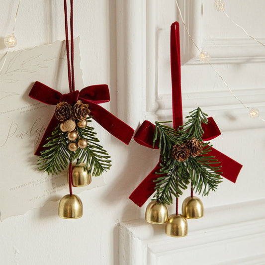 Christmas Bell Velvet Bow Pine Cone Pendant