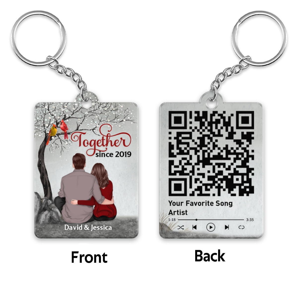 Back View Couple Sitting Under Blossom Tree Cardinals Favorite Song Scannable QR Code Personalized Acrylic Keychain