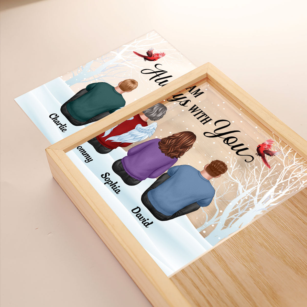 Always With You Family Dad Mom Kids Dogs Cats Snow Memorial Remembrance Sympathy Gift Personalized Wooden Frame Light Box