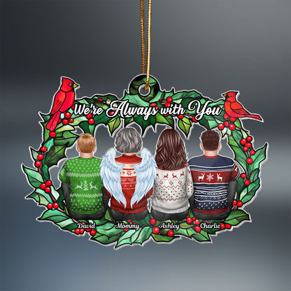 Christmas Family Sitting Back View Holly Branch Memorial Personalized Acrylic Ornament, Remembrance Gift, Sympathy Gift